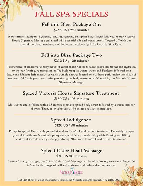 Fall Spa Specials Available Until November 24 2021 Victoria House