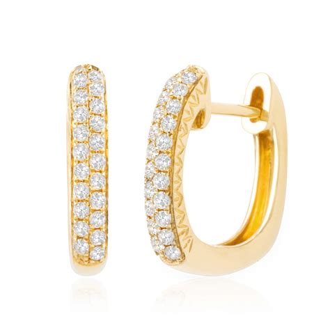 14k Gold And Diamond Square Huggie Hoop Earrings For Women