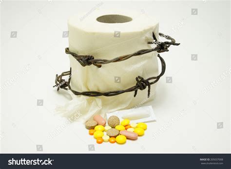 Acute Hemorrhoids Toilet Paper With Barbed Wire And Blood Stock Photo