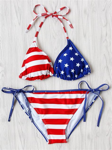 Romwe Romwe American Flag Print Side Tie Bikini Set Tie Bikini Set Bikinis