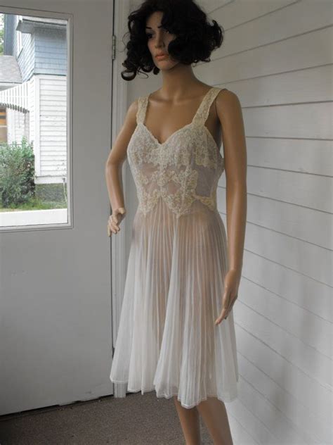 Vintage S Ivory Lace Pleated Gown Lingerie Sheer Slip Nightgown