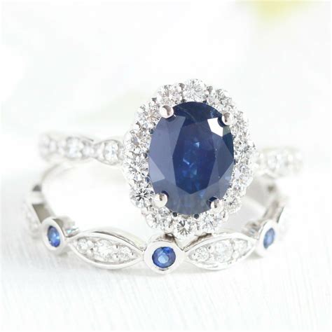 2ct Oval Blue Sapphire Diamond Bridal Set Engagement Ring 14k White