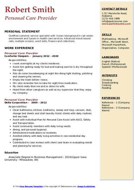 Personal Care Provider Resume Samples Qwikresume