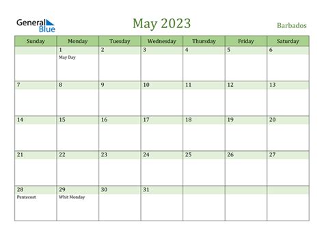 May 2023 Calendar With Barbados Holidays