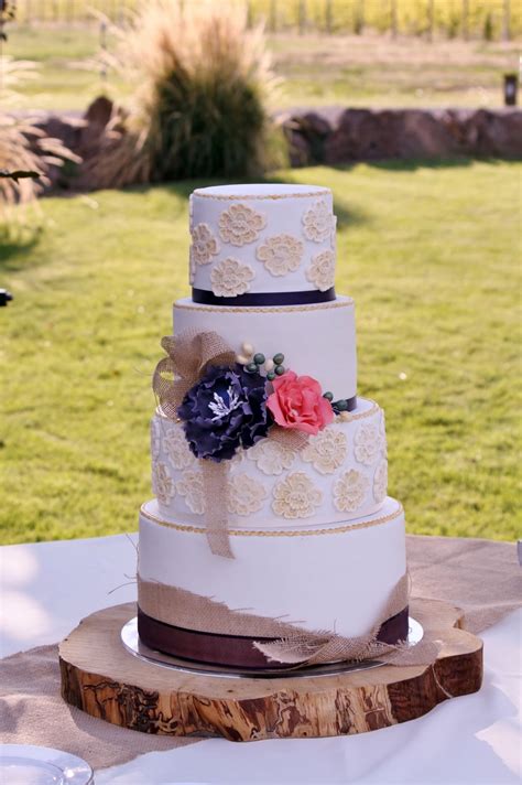 Lace Peony And Burlap Wedding Cake With Sugar Flowers