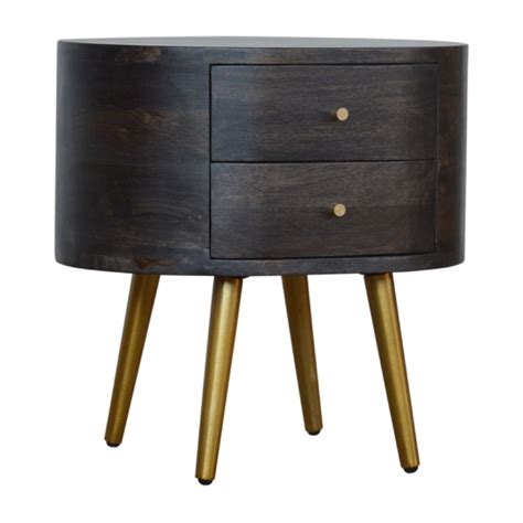 Solid Mango Wood Ash Black Two Drawer Bedside Tablecabinet With Brass
