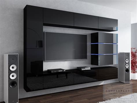 Moderne wohnwandmöbel in weiß & grau mit led beleuchtung risov. KAUFEXPERT - Wohnwand Shine Schwarz Hochglanz/Schwarz 284 ...