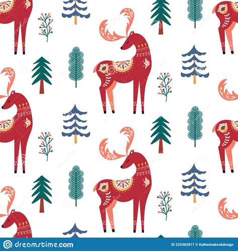 Scandinavian Deer Seamless Pattern Folk Forest Animal Background Stock