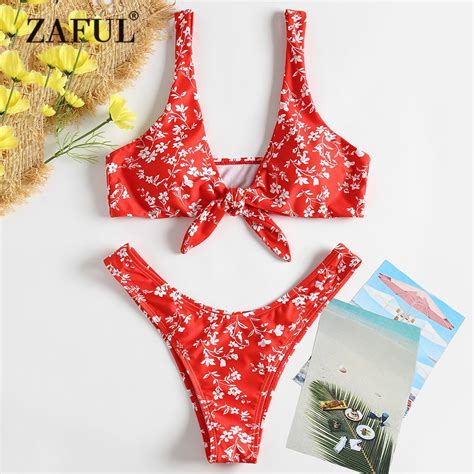 Zaful Bikini Tiny Floral Knotted Swimwear Women Swimsuit Low Waist
