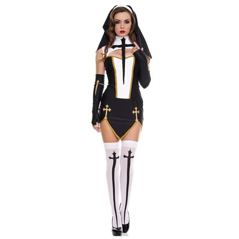 Sexy Wetlook Virgin Mary Nuns Halloween Cosplay Clothing Fashion Black Women Sexy Nun Costume