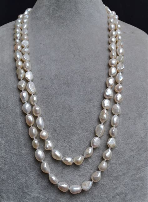 White Baroque Pearl Necklacelong Pearl Necklace Mm Etsy