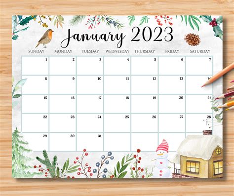 Editable January 2023 Calendar Beautiful Winter In A Garden Etsy México