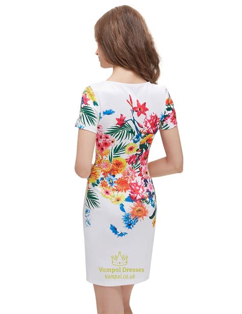White Floral Print Bodycon Short Summer Dress With Short Sleeve