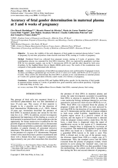 Pdf Accuracy Of Fetal Gender Determination In Maternal Plasma At 5 And 6 Weeks Of Pregnancy