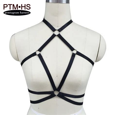 pentagram harness womens bondage body cage harness bra black elastic adjust strappy tops halter