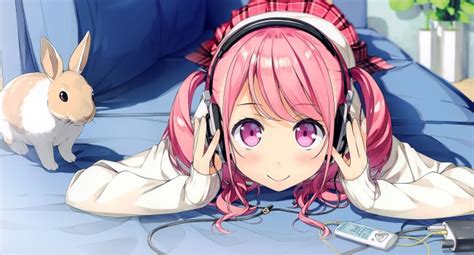 Wallpaper Anime Girl Headphones Pink Hair Lying Down