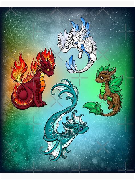 Four Elements Dragons Poster By Rebecca Golins Cute Dragon Drawing