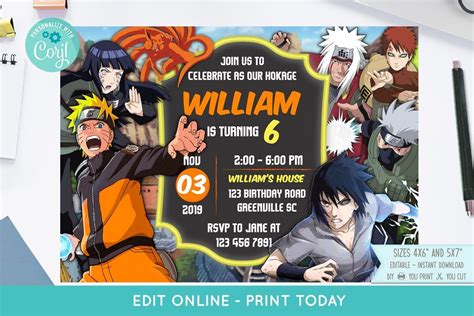 Naruto Personalised Birthday Card A5 Anime Manga Ninja Naruto Birthday Invitation Printable