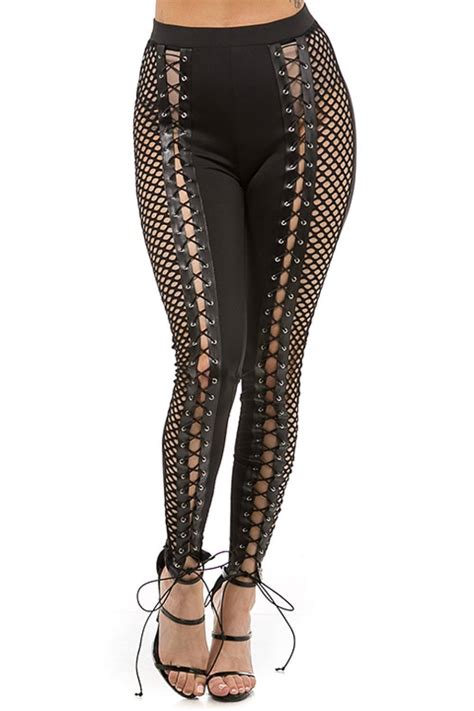Side Fishnet Contrast Lace Up Pants Womens Clothing Stores Fashion