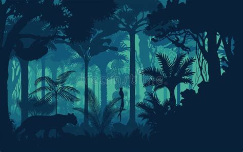 Vector Cartoon Tropical Jungle Rainforest Background With Walking