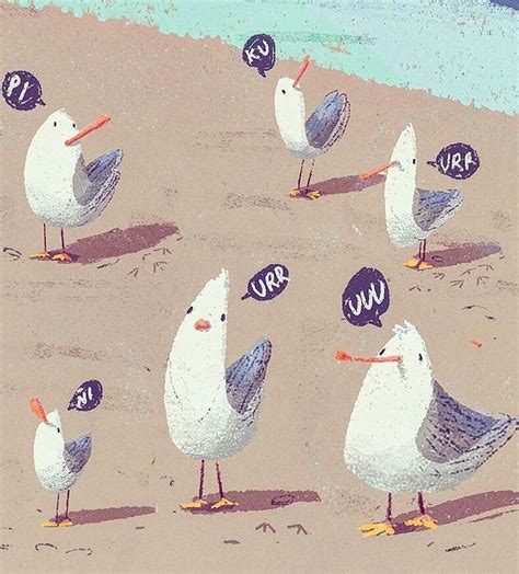 Drawing Of Some Cute Seagulls On A Beach Bird Illustration