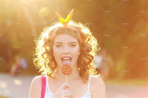 Pin Up Girl Licking Lollipop High Quality People Images ~ Creative Market