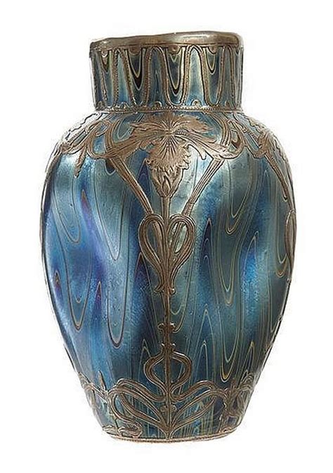 Loetz Iridescent Glass Vase With Floral Silver Overlay European Glass