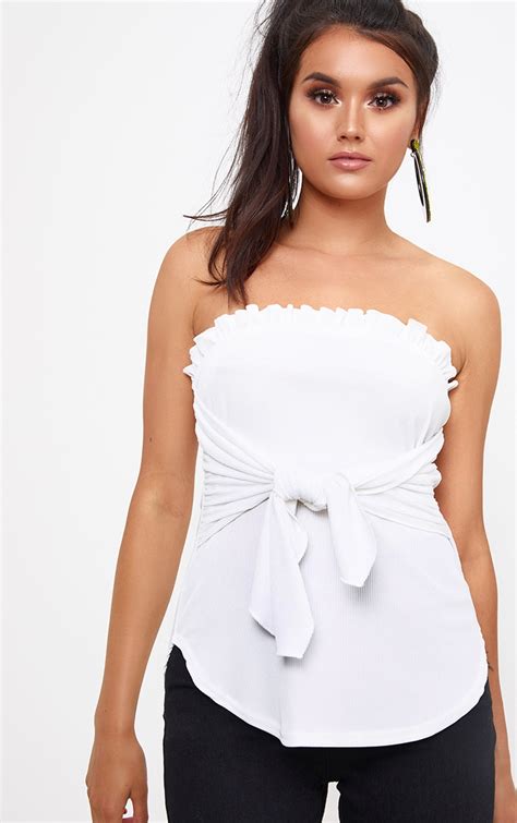 White Bandeau Frill Tie Front Top Tops Prettylittlething Il