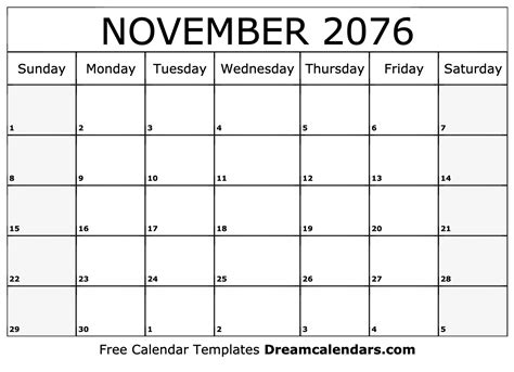 November 2076 Calendar Free Blank Printable With Holidays