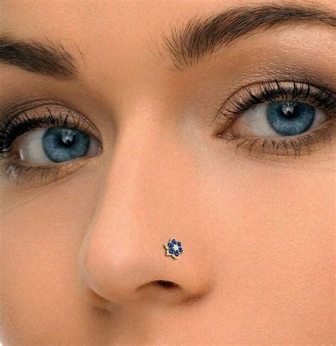 14k Yellow Gold Over Blue Sapphire And Diamond Flower Nose Piercing Ring