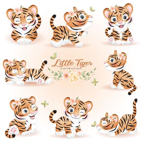Cute Little Tiger Poses Clipart With Watercolor Illustration Etsy Norway