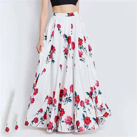 Women Summer Long Floral Skirt White Red Rose Maxi Skirt Fashion A Line Expansion High Waist