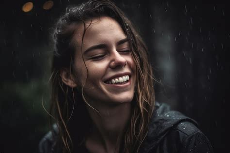 Premium Ai Image A Woman With Wet Hair Smiles In The Rain