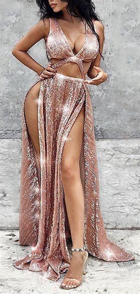 Rose Gold Sequin Sexy Side Slit Sleeveless Prom Dresses Pd00183 Alinebridal