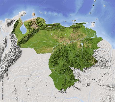 Venezuela Shaded Relief Map Colored For Vegetation Stock
