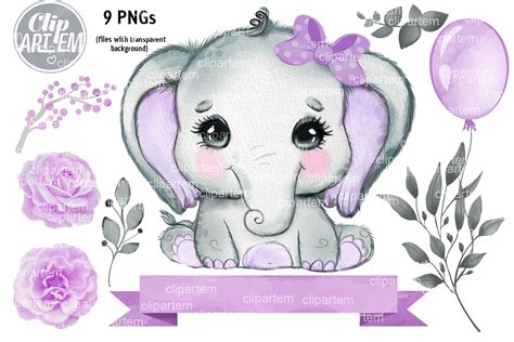 Girl Elephant Purple Bundle 9 Png Decorative Illustrations ~ Creative