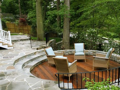 Sunken Wood Patio And Flagstone Patio On Wooded Slope Contemporary