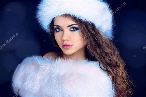 Beautiful Girl In Fur Coat And Furry Hat Fashion Model Winter Stock