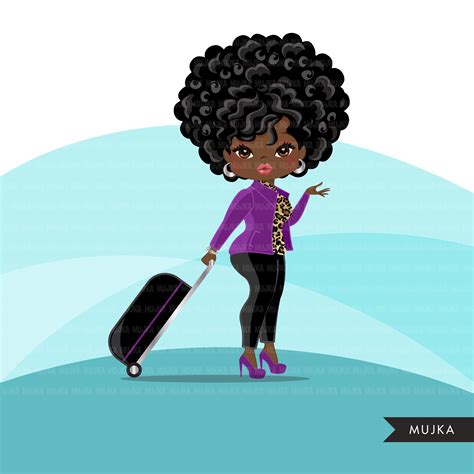 Travelling Black Woman Clipart Avatar With Suitcase Print And Etsy