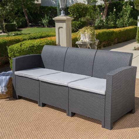Transform your patio, deck or poolside area into a hub for entertaining and relaxing with outdoor patio furniture designed with durability, functionality and. Pete Outdoor 3 Seater Faux Wicker Rattan Style Sofa with Cushions, Light Grey - Walmart.com ...