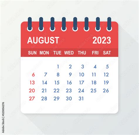 August 2023 Calendar Leaf Calendar 2023 In Flat Style Vector