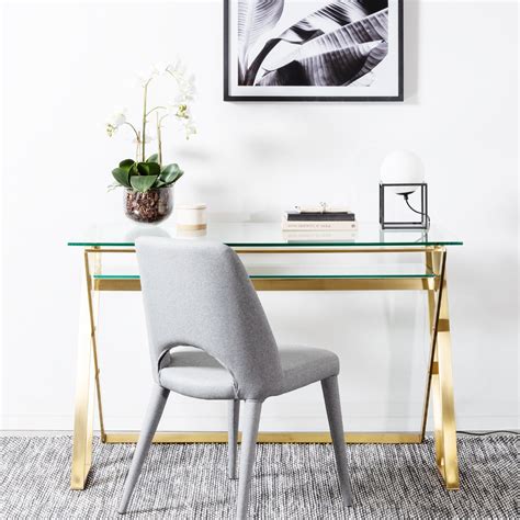 Vanessa 120cm Glass Home Office Desk Brushed Gold B Interior Secrets