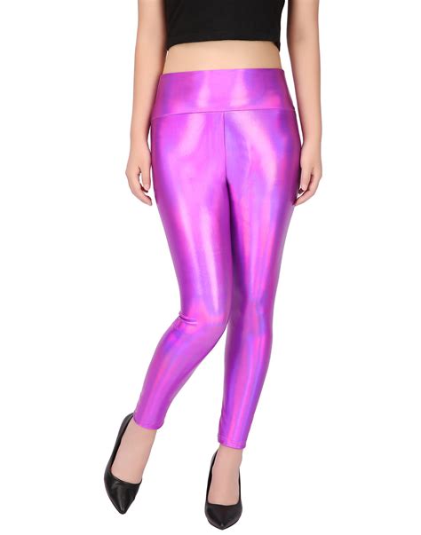 Hde Womens Shiny Holographic Leggings Liquid Metallic Pants Iridescent