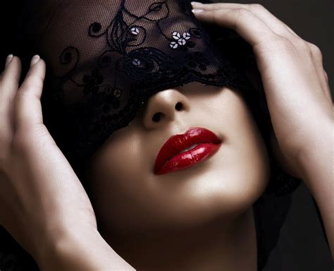 Red Mask Face Beautiful Woman Lace Lips Brunette