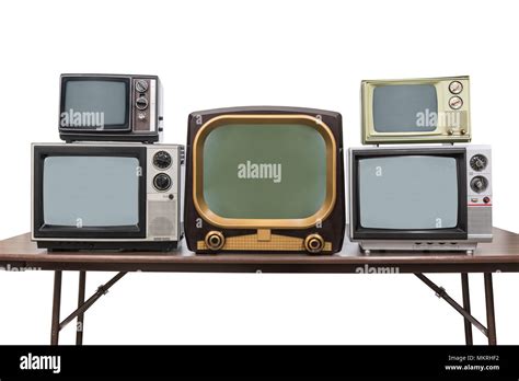 Five Vintage Televisions Isolated On White With Clipping Path Stock