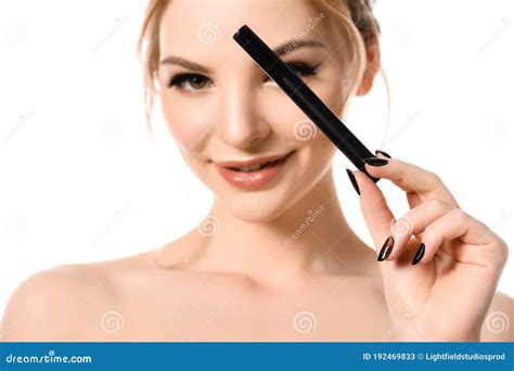 Selective Focus Of Smiling Naked Beautiful Stock Image Image Of