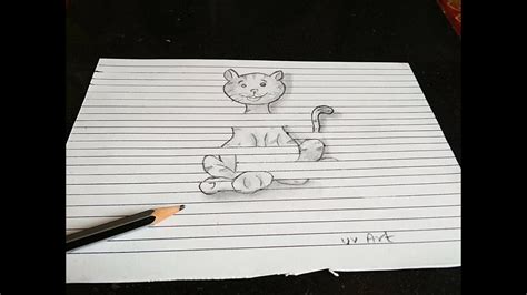 3d Cat 🐈 Drawing On Lined Paper Or Fake Lined Paper Optical Illusion 3d