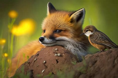 Premium Ai Image Young Fox Cub Cuddling With A Bird