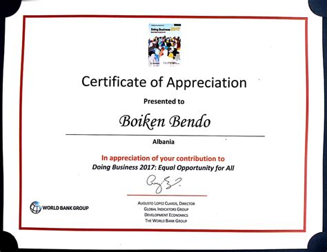 Certificate Of Appreciation Granted By World Bank Group For Our