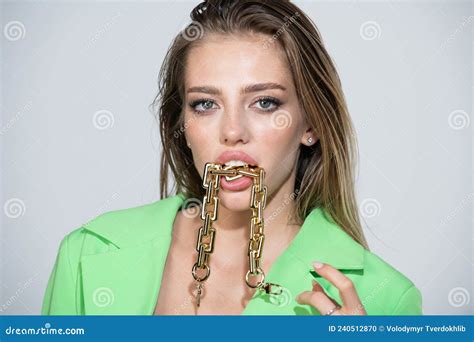 Sensual Woman Close Up Portrait With Golden Chain In Mouth Female Model Lick Golden Chain Face